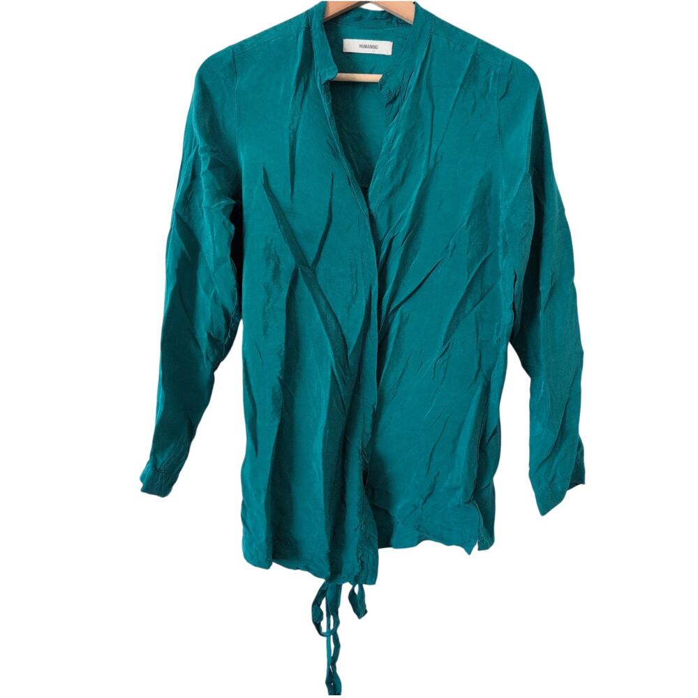 Humanoid Italian‎ Fabric Tie Waist Top Green/Blue Small Silky Fiber Soft Viscose